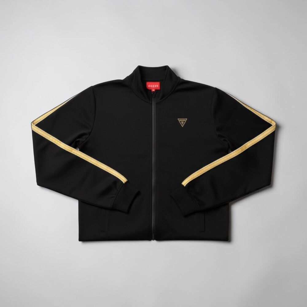 GUESS Men’s Adrian Black Track Jacket Gold Stripe Detail M